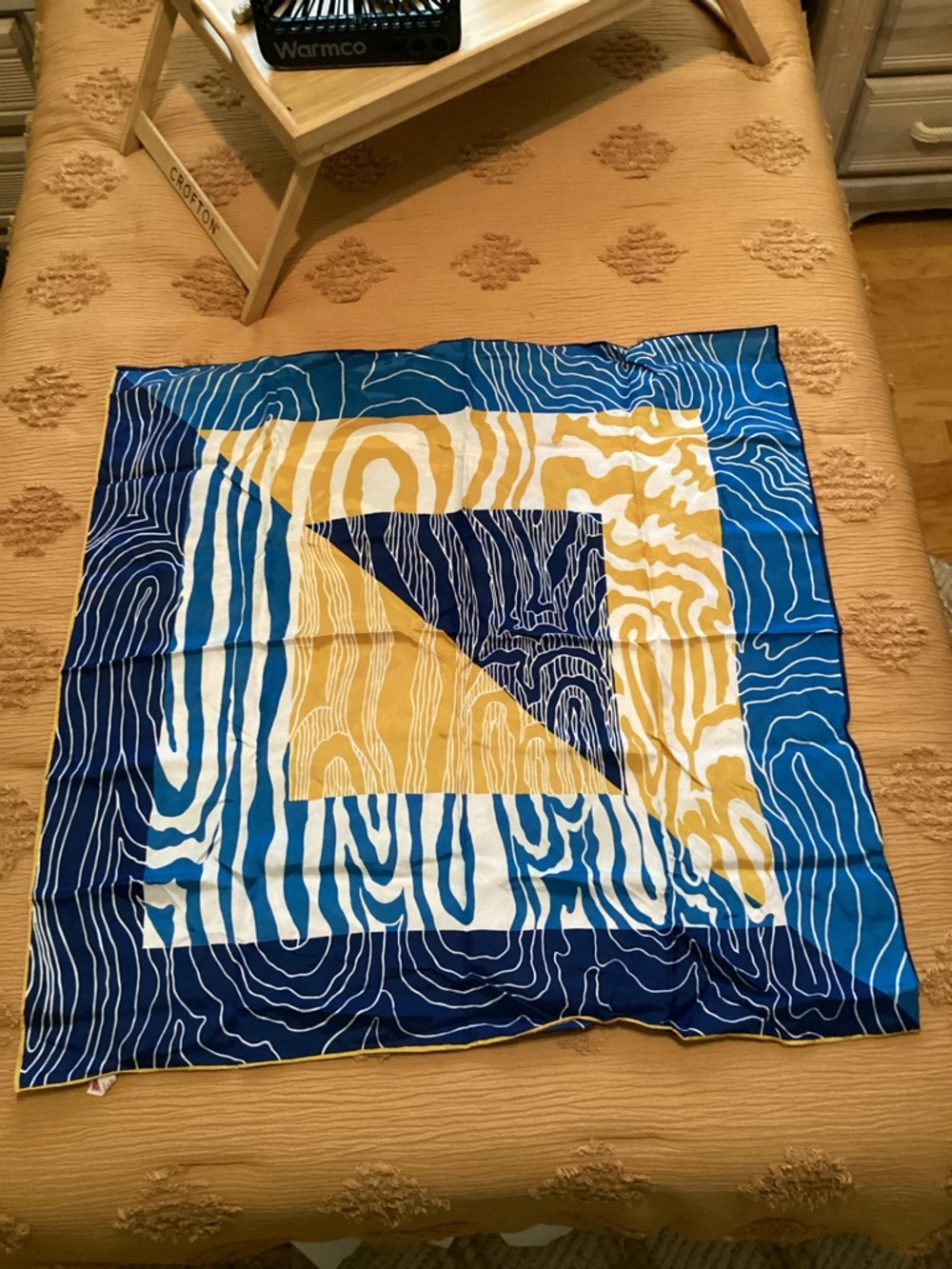 Vintage 1970’s Bold Blue and Yellow Geometric 100% Acetate Scarf Made in Japan